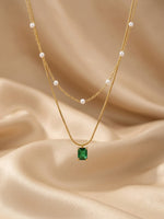 18K Gold Plated Layered Pearl and Emerald Pendant Necklace