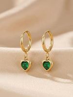 18K Gold Plated Emerald CZ Heart Charm Huggie Earrings