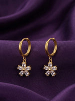 18K Gold Plated Six Petal CZ Flower Charm Huggie Earrings