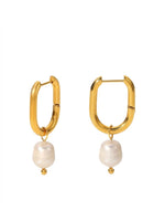 18K Gold Plated Oval Hoop Baroque Pearl Drop Earrings