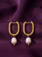 18K Gold Plated Oval Hoop Baroque Pearl Drop Earrings