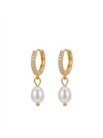 18K Gold Plated CZ Pave Huggie Pearl Drop Earrings