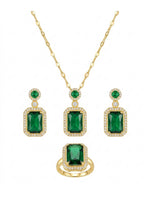 18K Gold Plated Emerald Halo Pendant Ring Set
