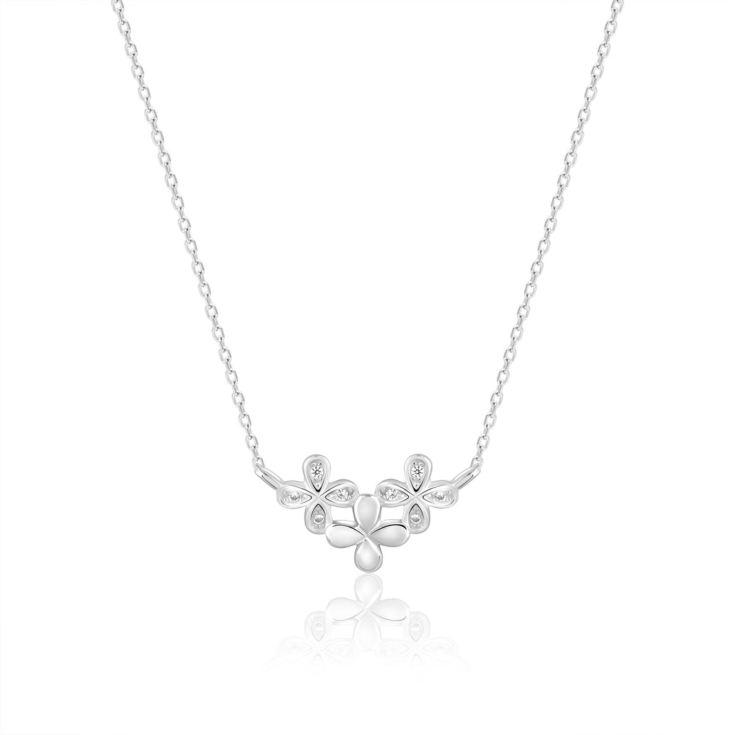 Triple Flower Silver  Zircon Pendant with Link Chain