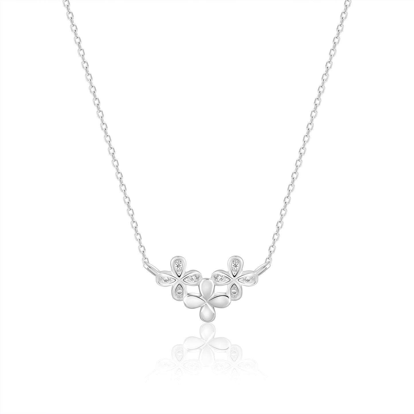 Triple Flower Silver  Zircon Pendant with Link Chain