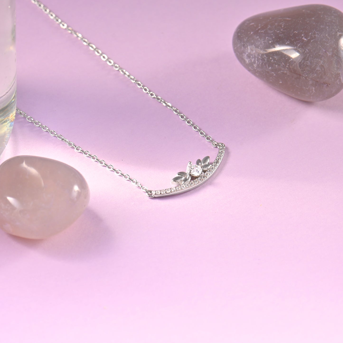 Silver Arc Zircon Pendant with Link Chain