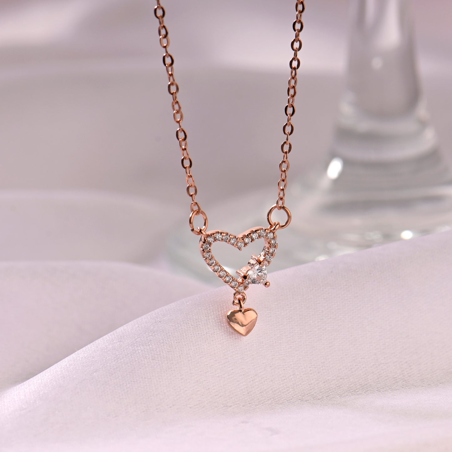 Linked Hearts Rose Gold Pendant with Link Chain