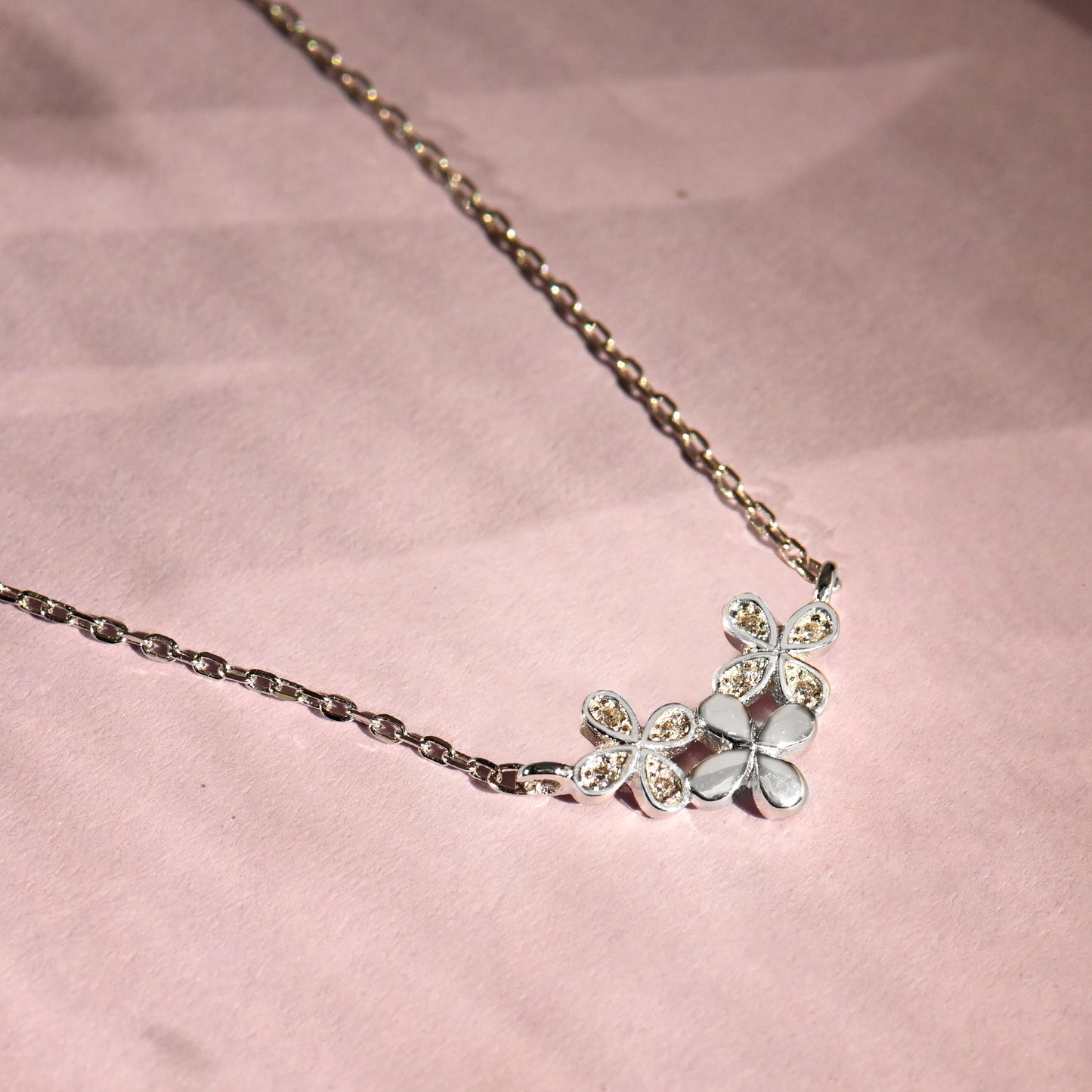 Triple Flower Silver  Zircon Pendant with Link Chain
