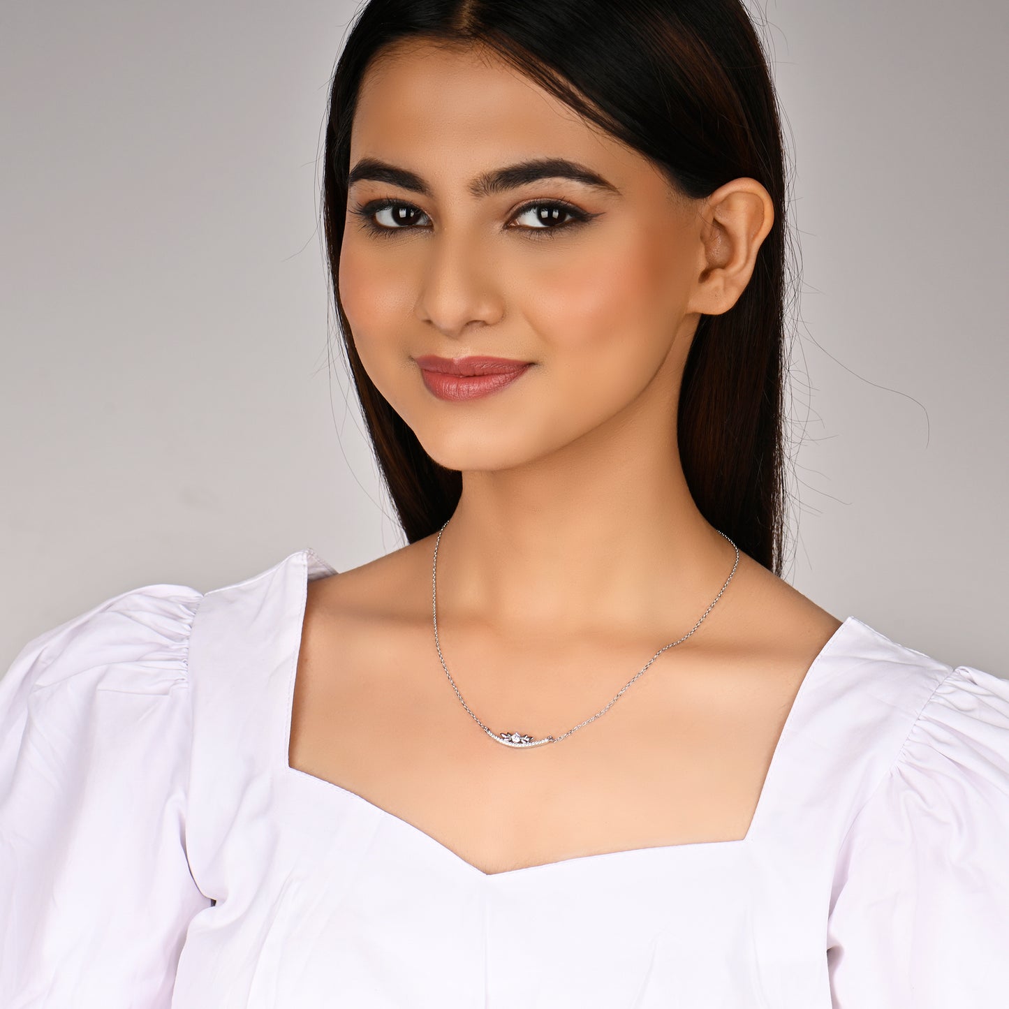 Silver Arc Zircon Pendant with Link Chain