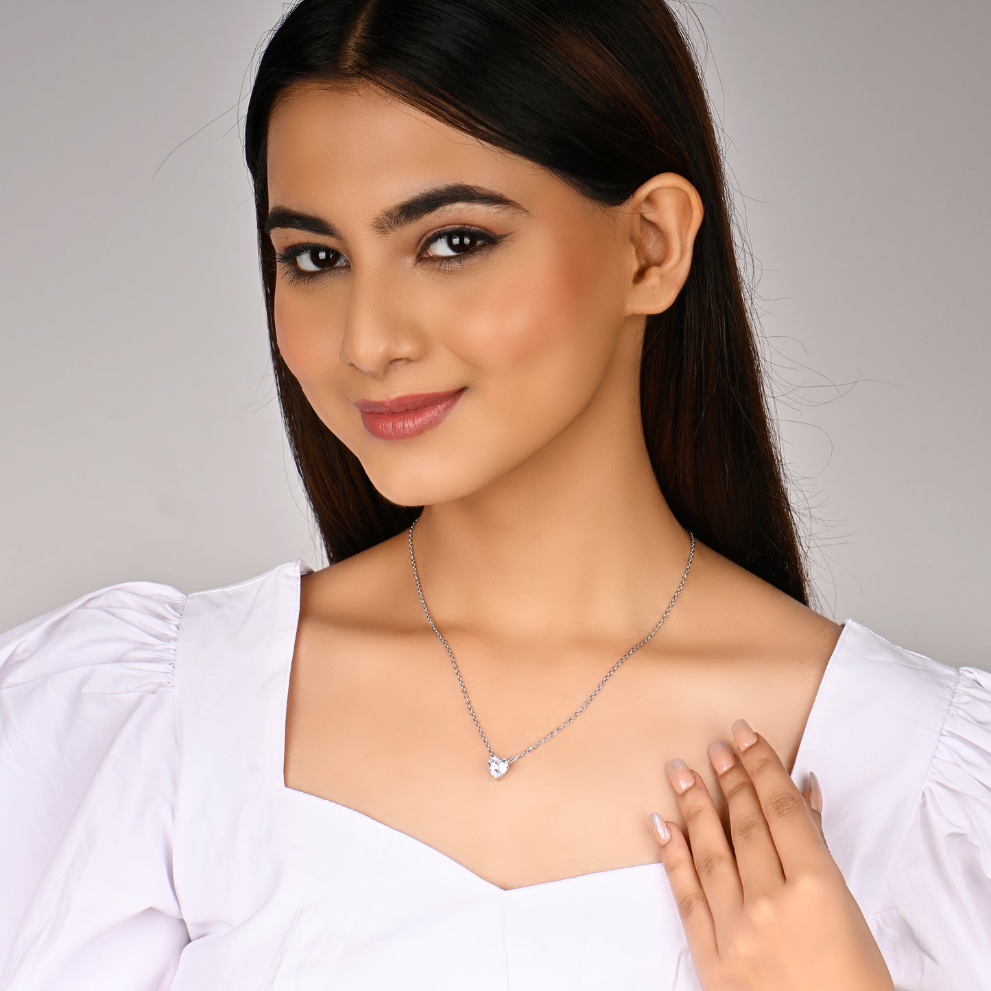 Silver Solitaire Heart  Pendant with Link Chain