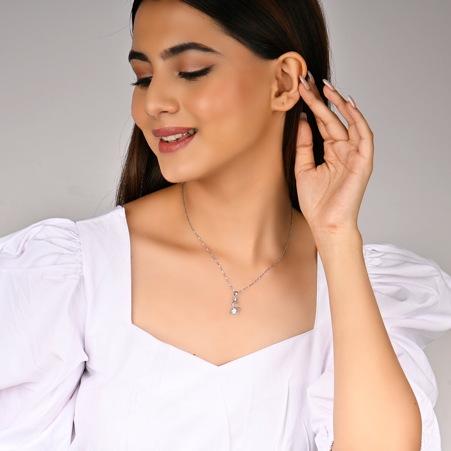 Silver Solitaire Heart Crown Pendant with Link Chain