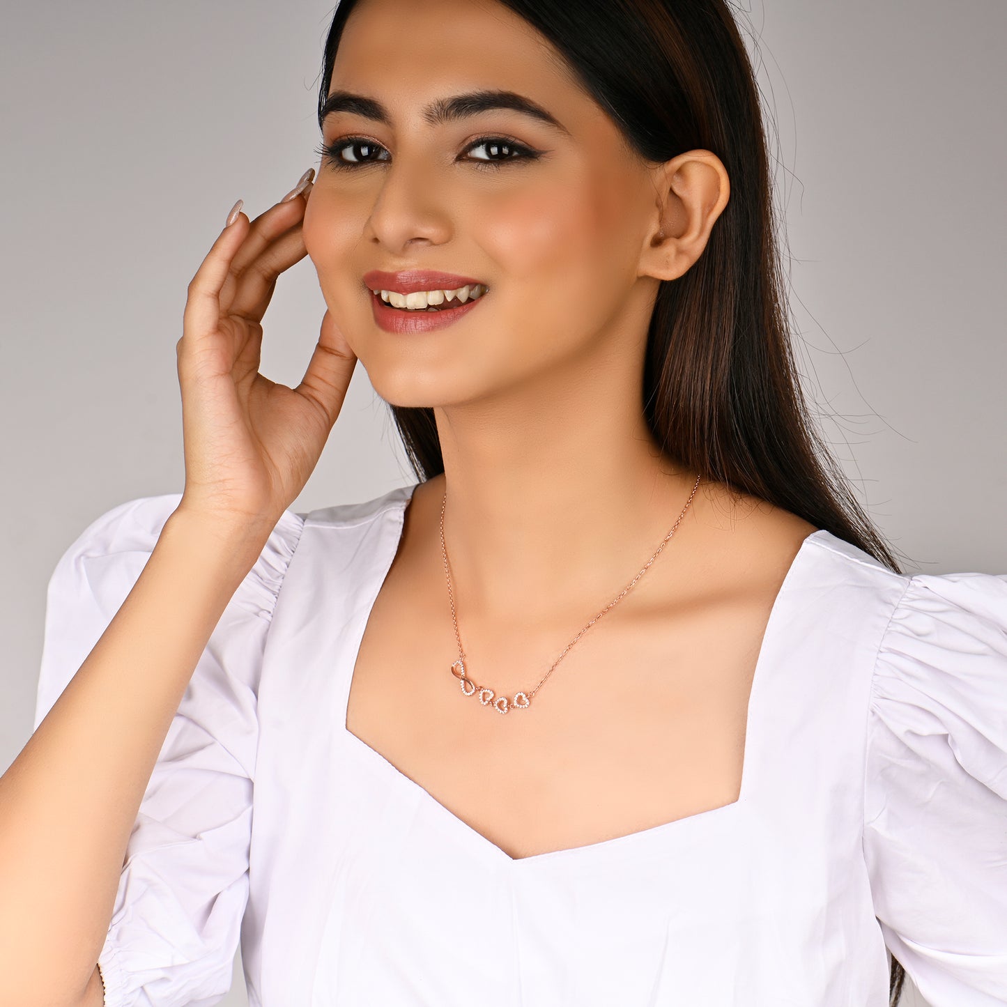 Infinity Love Trifold Hearts Zircon Rose Gold Pendant with Link Chain