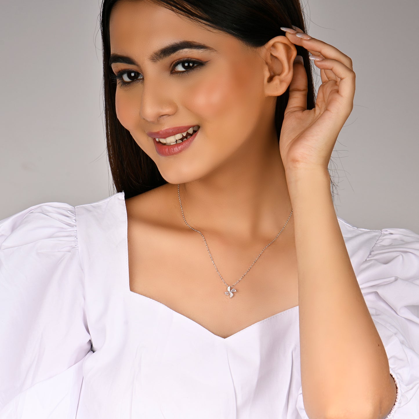 Silver Blossom Zircon Pendant with Link Chain