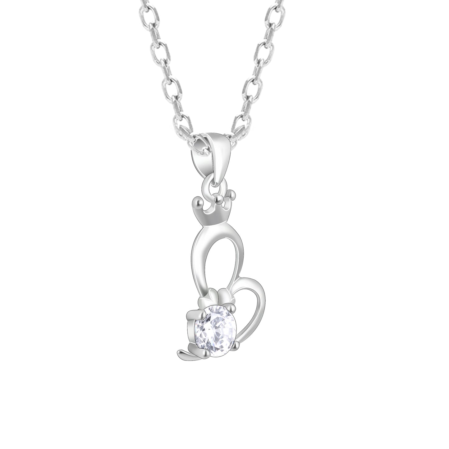 Silver Solitaire Heart Crown Pendant with Link Chain
