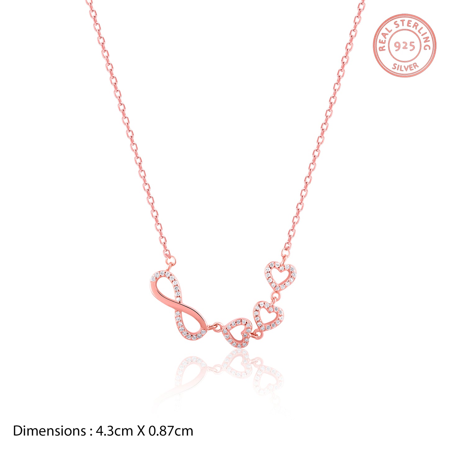 Infinity Love Trifold Hearts Zircon Rose Gold Pendant with Link Chain