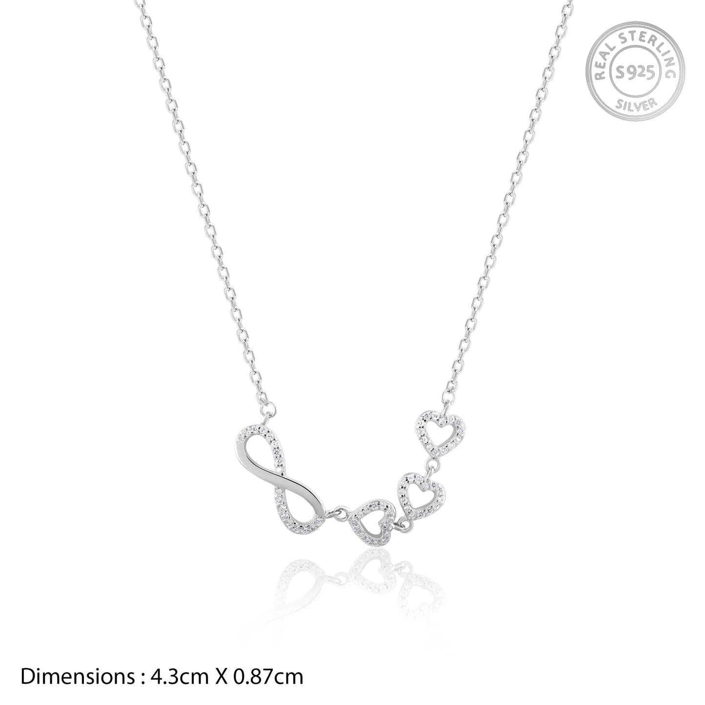 Infinity Love Trifold Hearts Zircon Silver Pendant with Link Chain