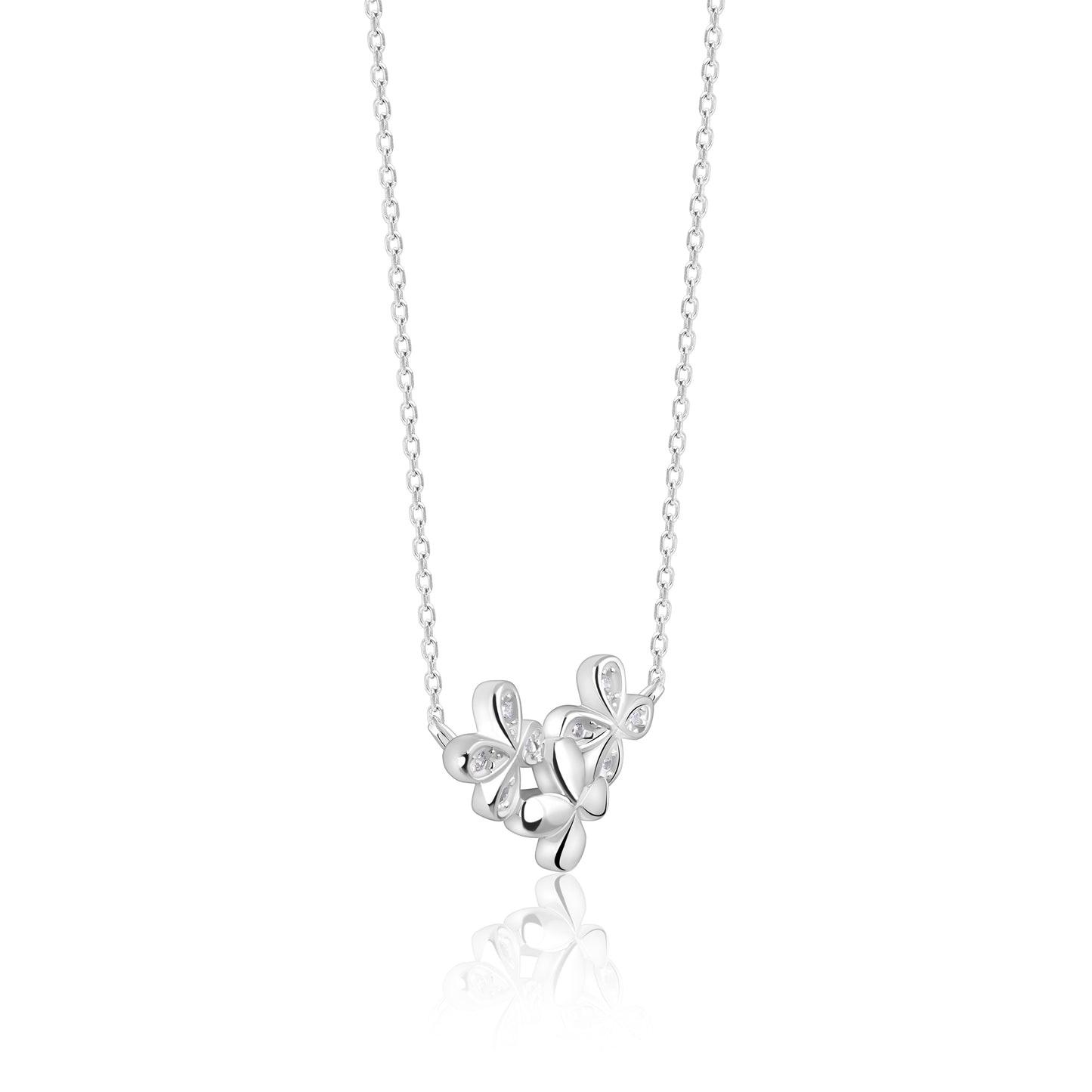 Triple Flower Silver  Zircon Pendant with Link Chain