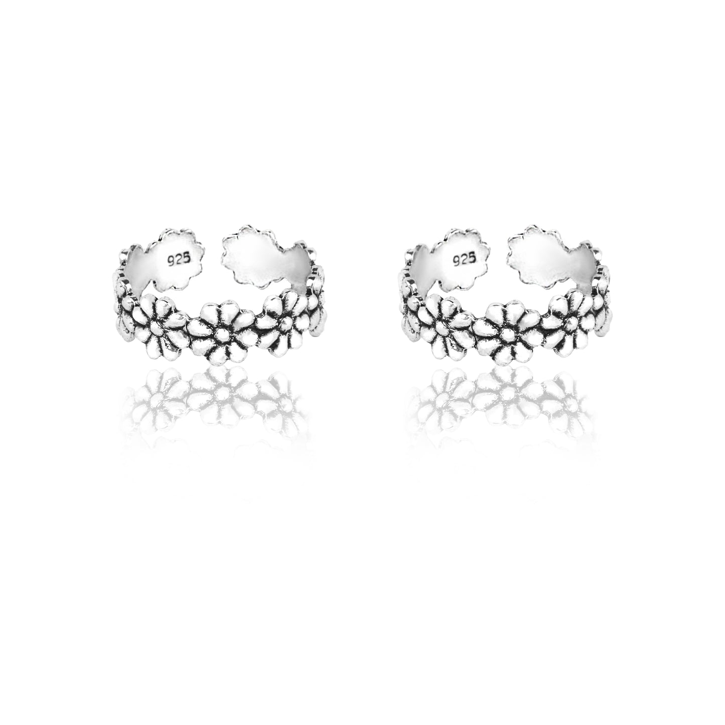 Silver Oxidized Flower Toe Rings