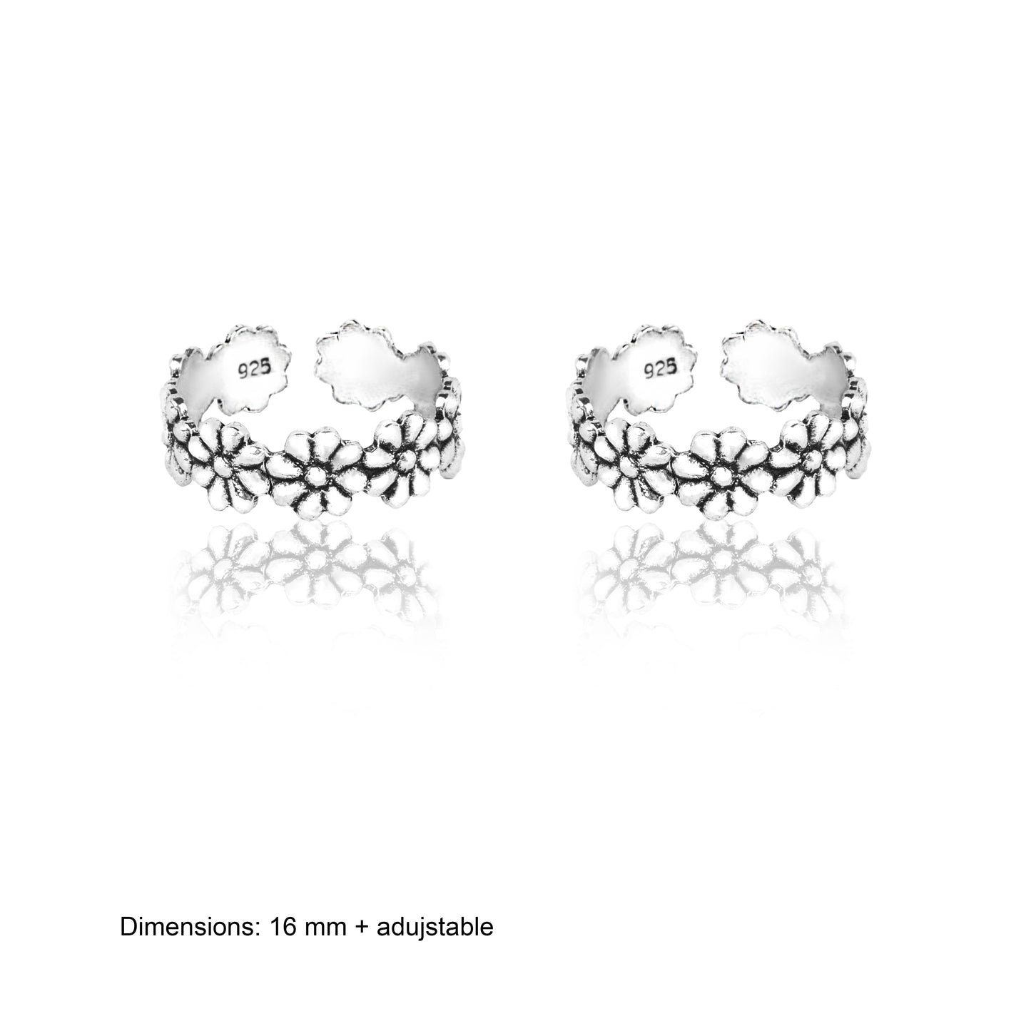 Silver Oxidized Flower Toe Rings
