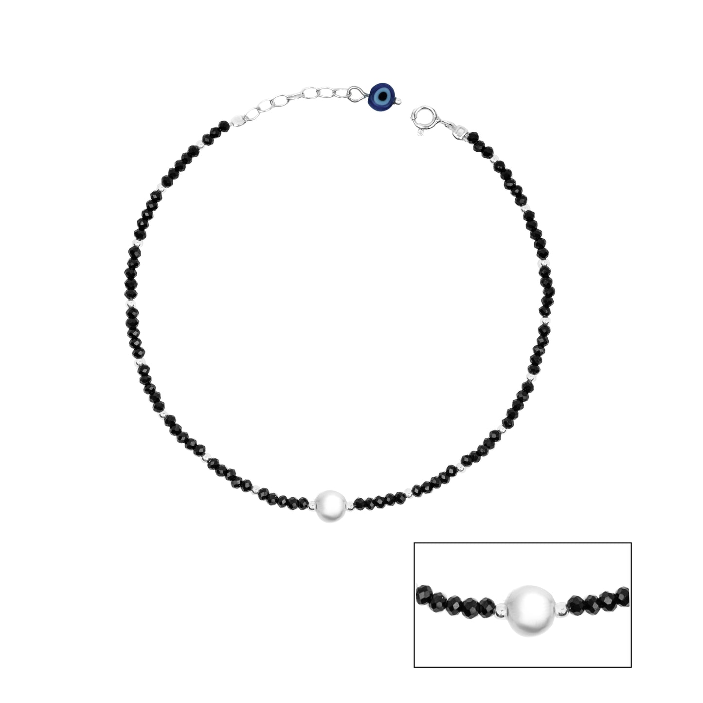 Single Pearl Evil Eye Black Beads Silver Anklets
