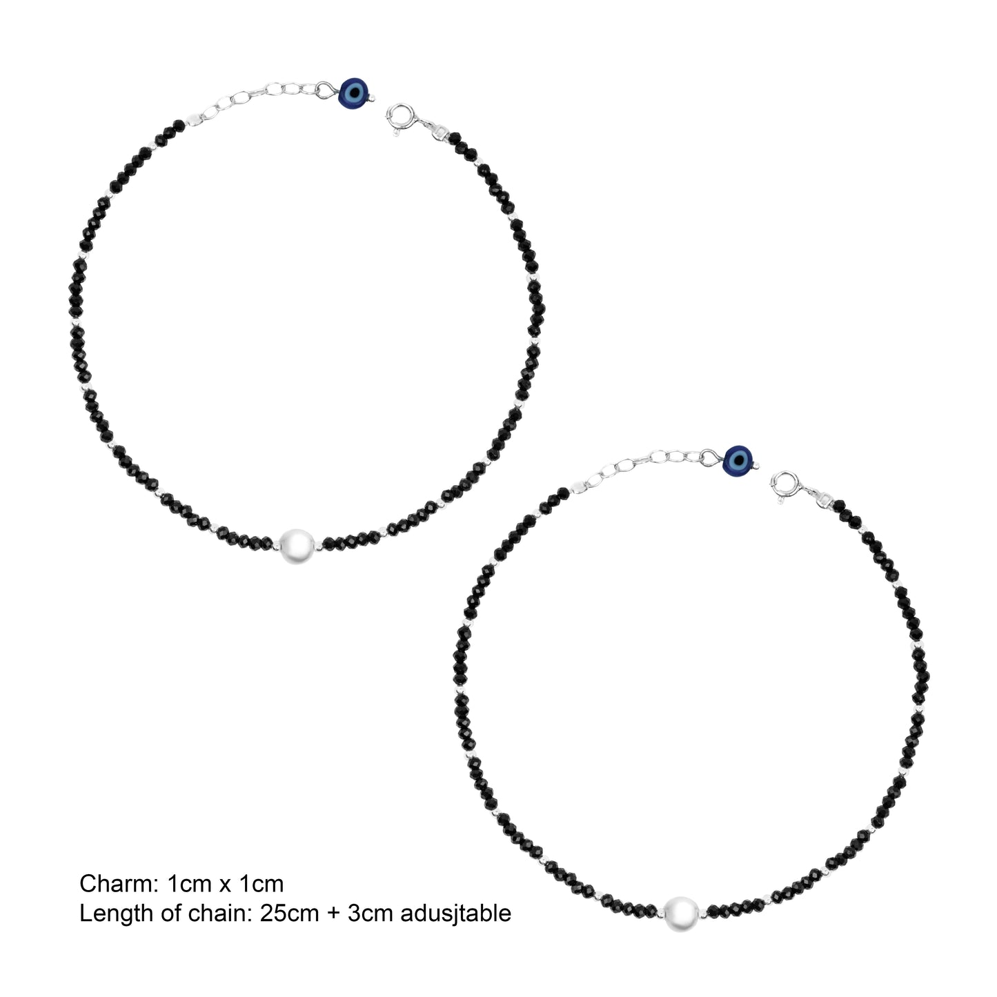 Single Pearl Evil Eye Black Beads Silver Anklets