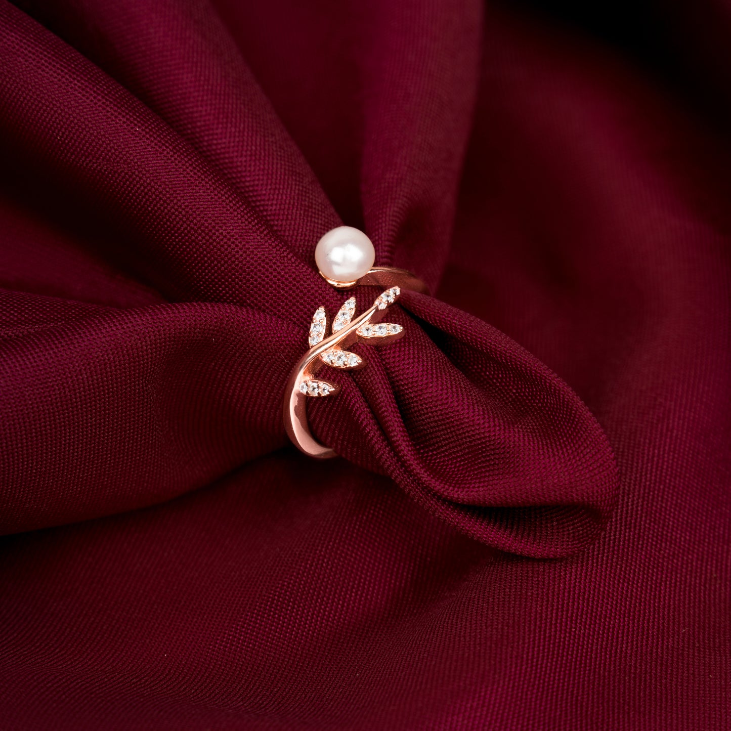 Rose Gold Pearl Leaf Zircon Ring