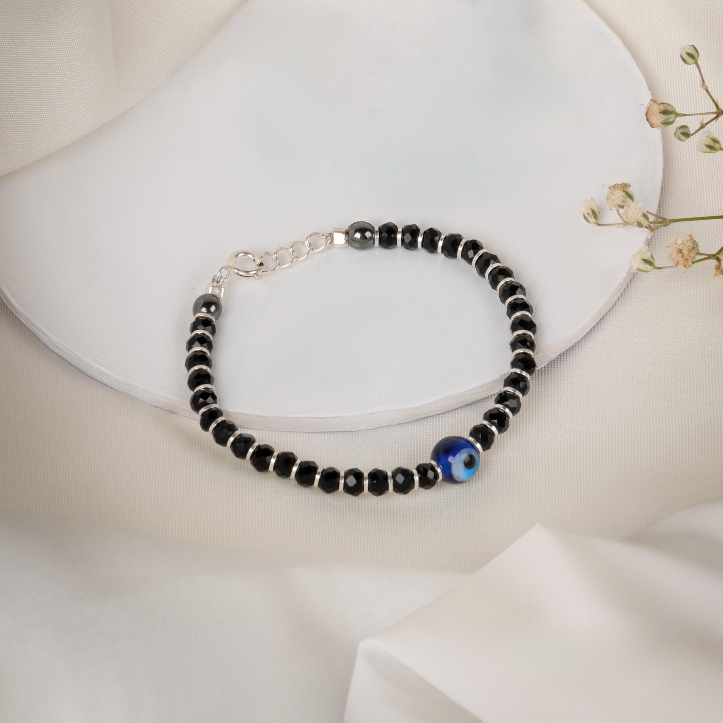 Evil Eye Black Beaded Silver Kids Bracelet