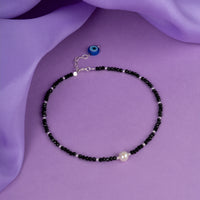 Single Pearl Evil Eye Black Beads Silver Anklets