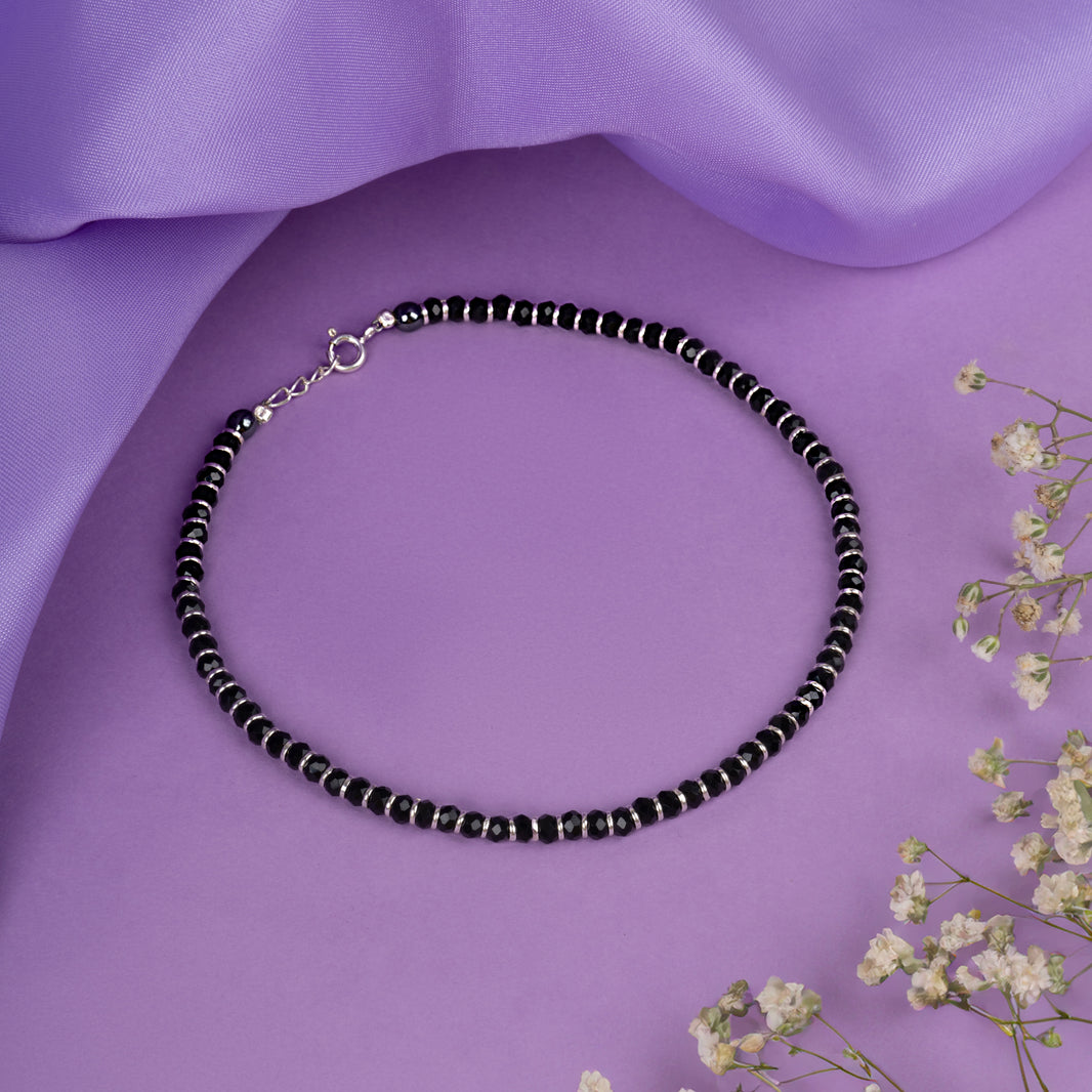 Black Beads Silver Anklets