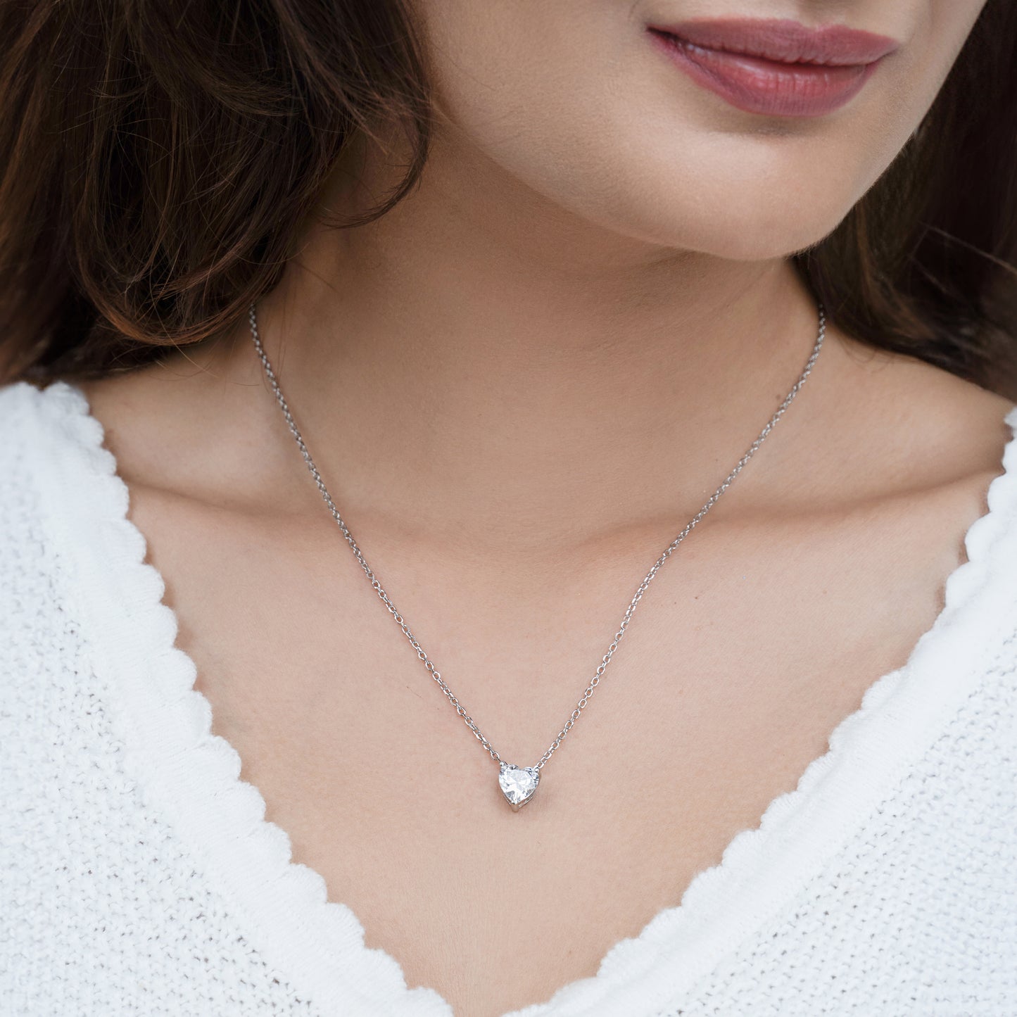 Silver Solitaire Heart  Pendant with Link Chain