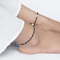 Single Pearl Evil Eye Black Beads Silver Anklets