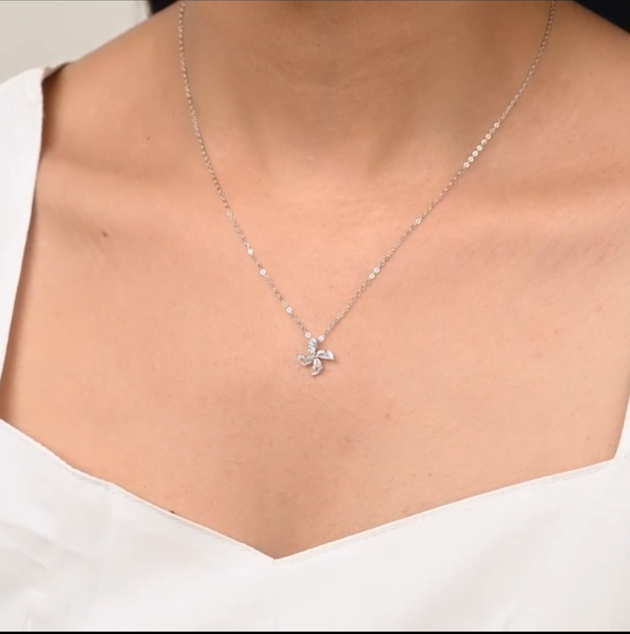 Silver Blossom Zircon Pendant with Link Chain