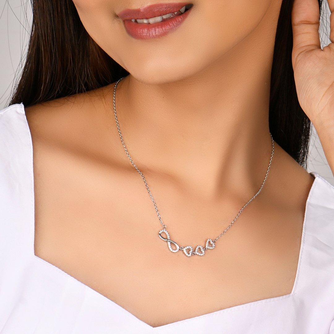Infinity Love Trifold Hearts Zircon Silver Pendant with Link Chain