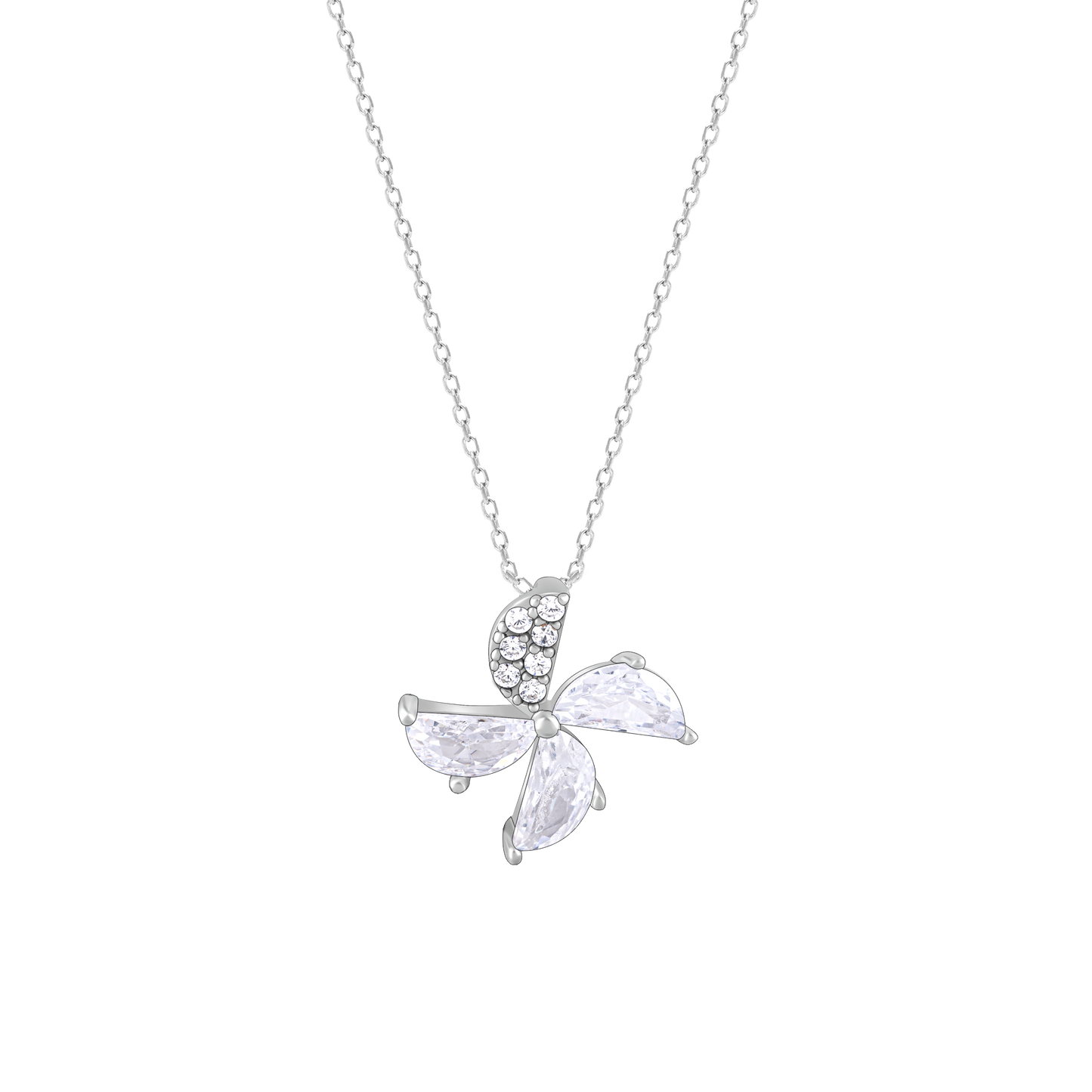 Silver Blossom Zircon Pendant with Link Chain