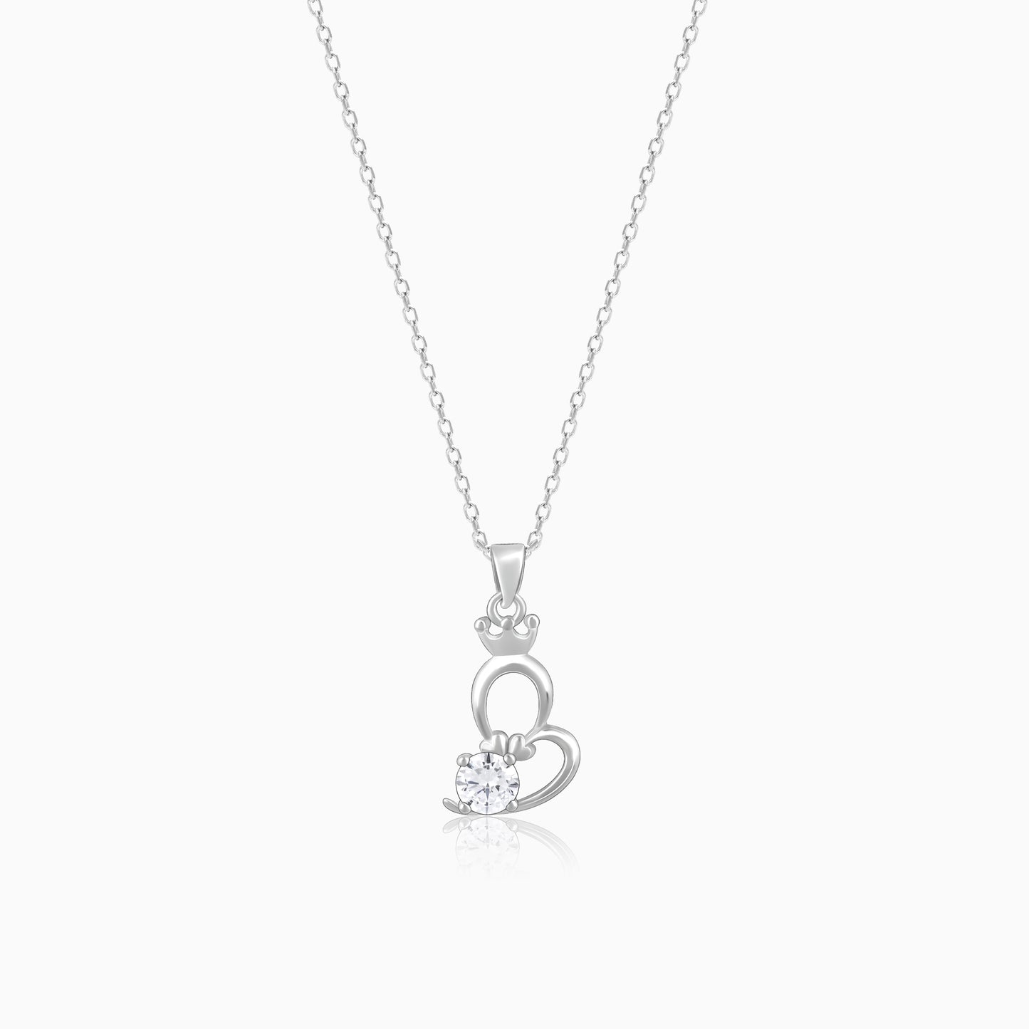 Silver Solitaire Heart Crown Pendant with Link Chain