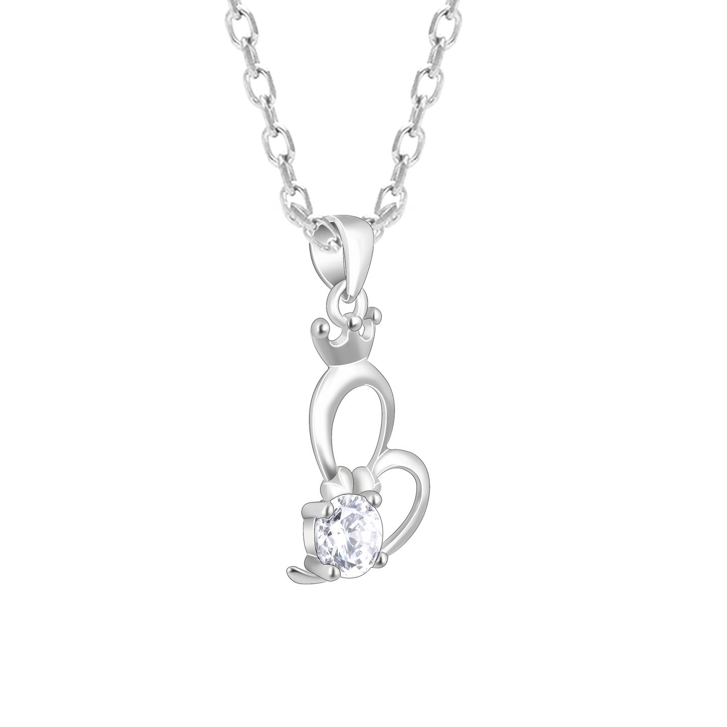 Silver Solitaire Heart Crown Pendant with Link Chain