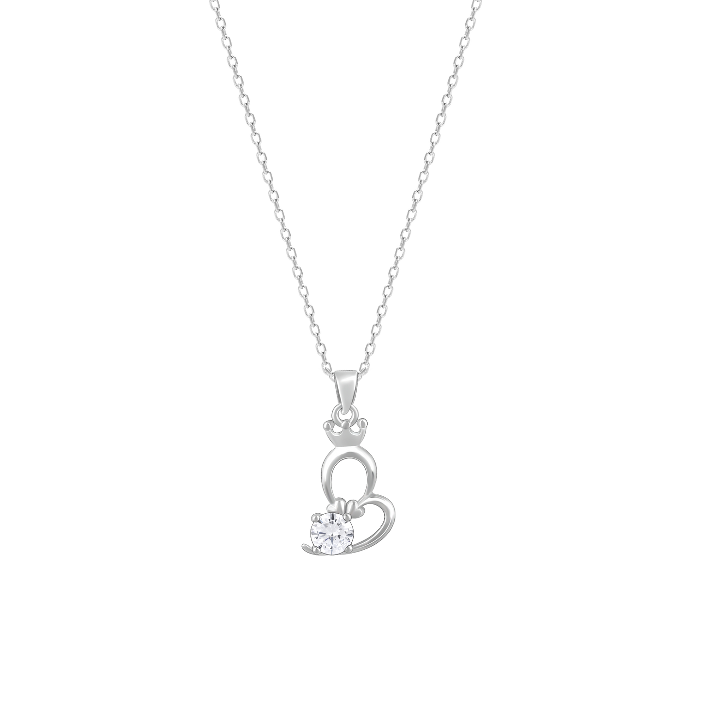Silver Solitaire Heart Crown Pendant with Link Chain