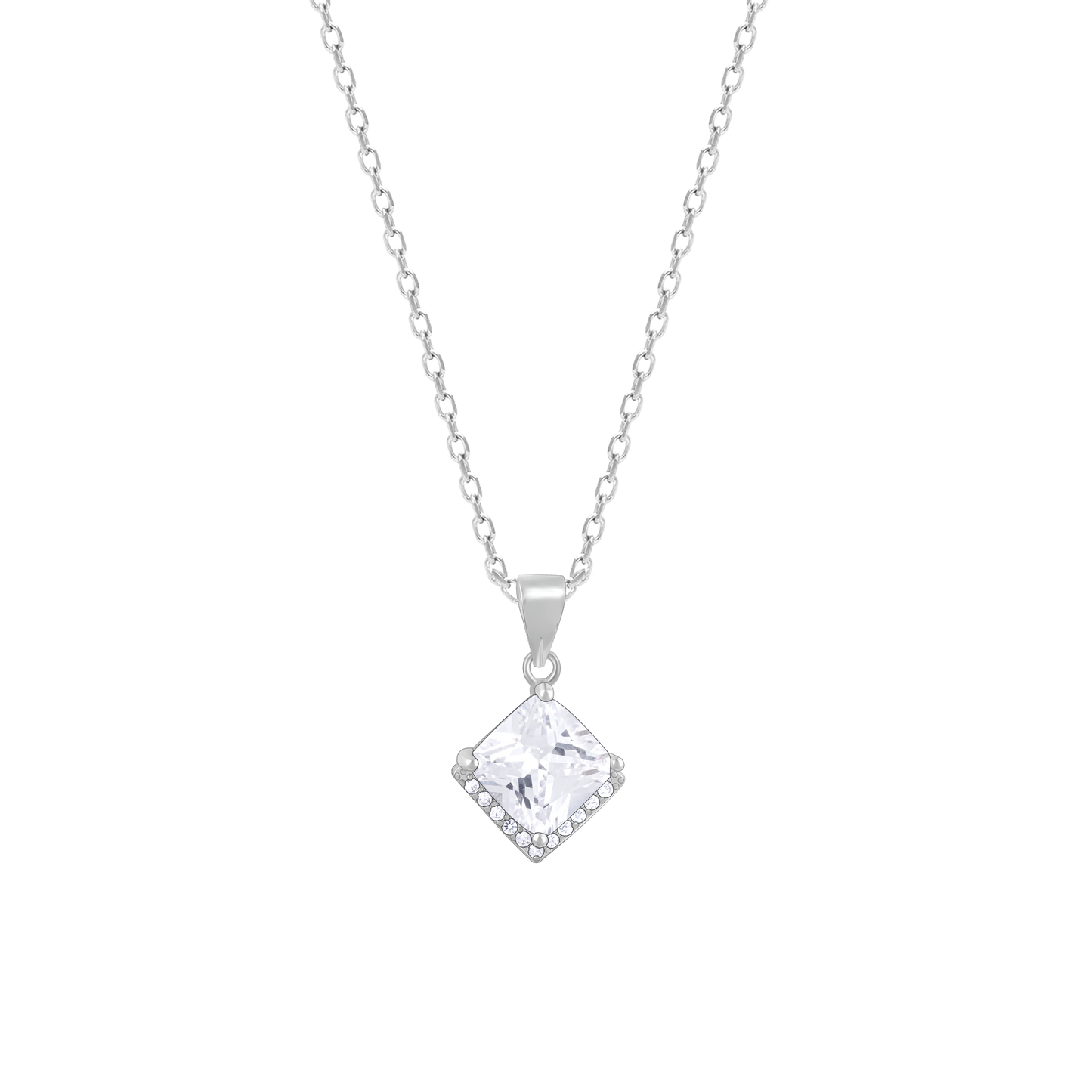 Modern Solitaire Zircon Silver Pendant with Link Chain