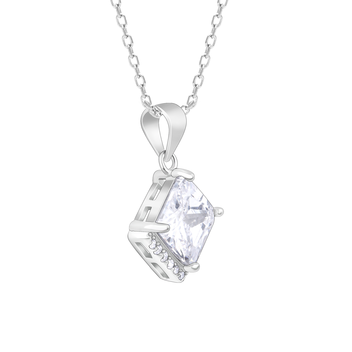 Modern Solitaire Zircon Silver Pendant with Link Chain