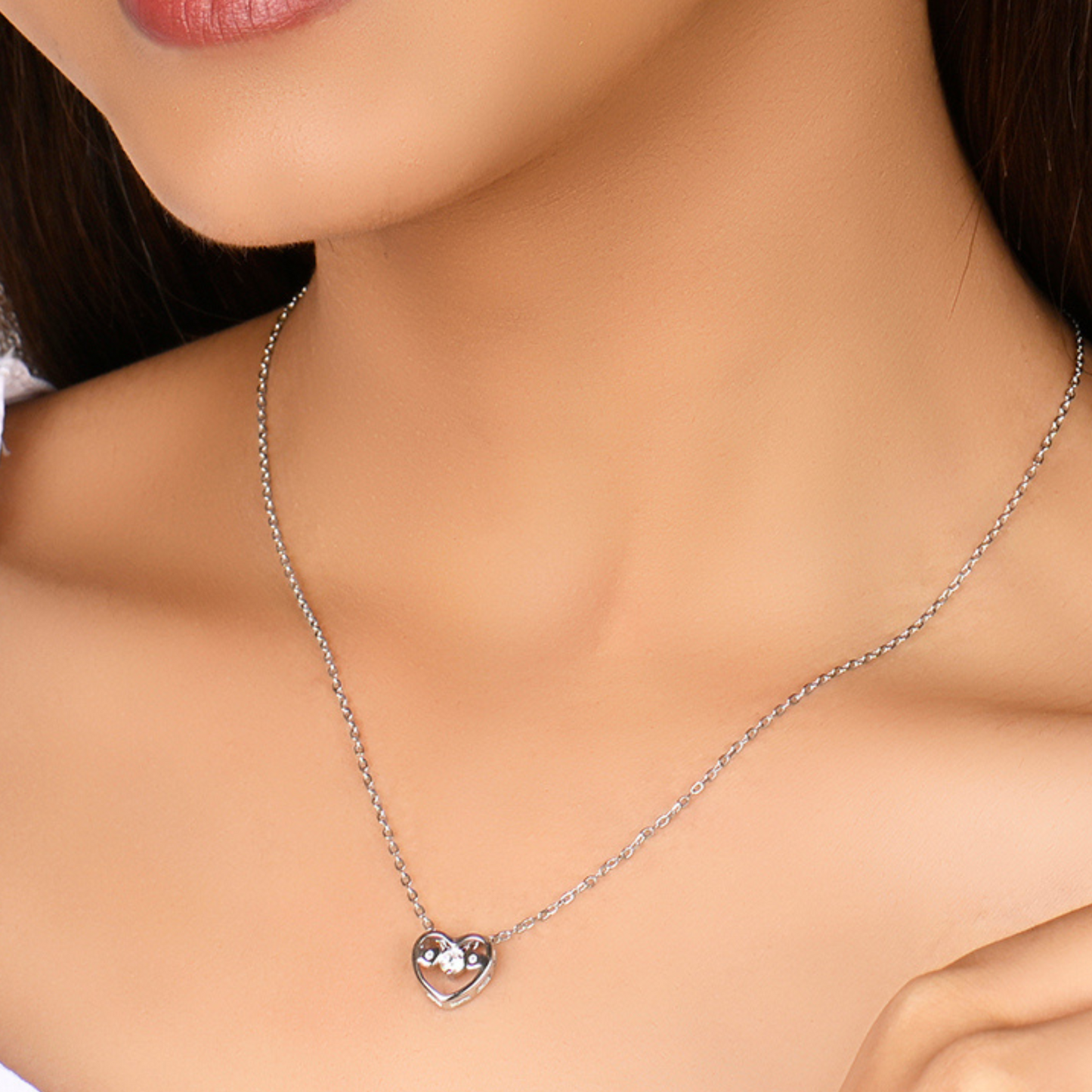 Silver Solitaire Love Heart Pendant with Link Chain