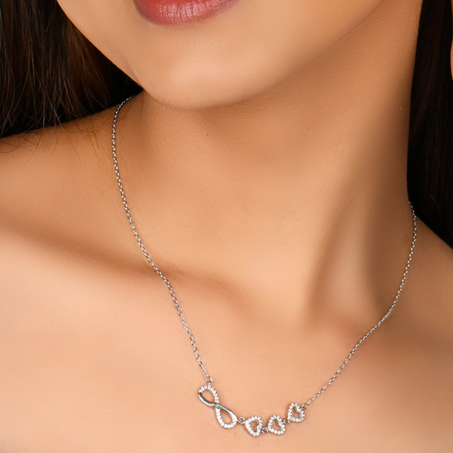 Infinity Love Trifold Hearts Zircon Silver Pendant with Link Chain