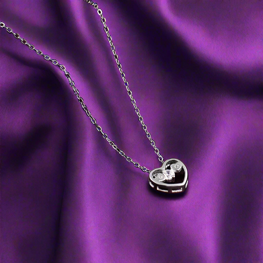 Silver Solitaire Love Heart Pendant with Link Chain