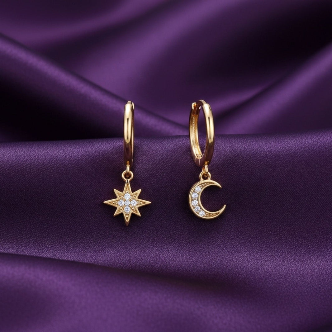 Rachiva 925 Sterling Silver 18K Gold Plated Star & Moon Hoop Earrings