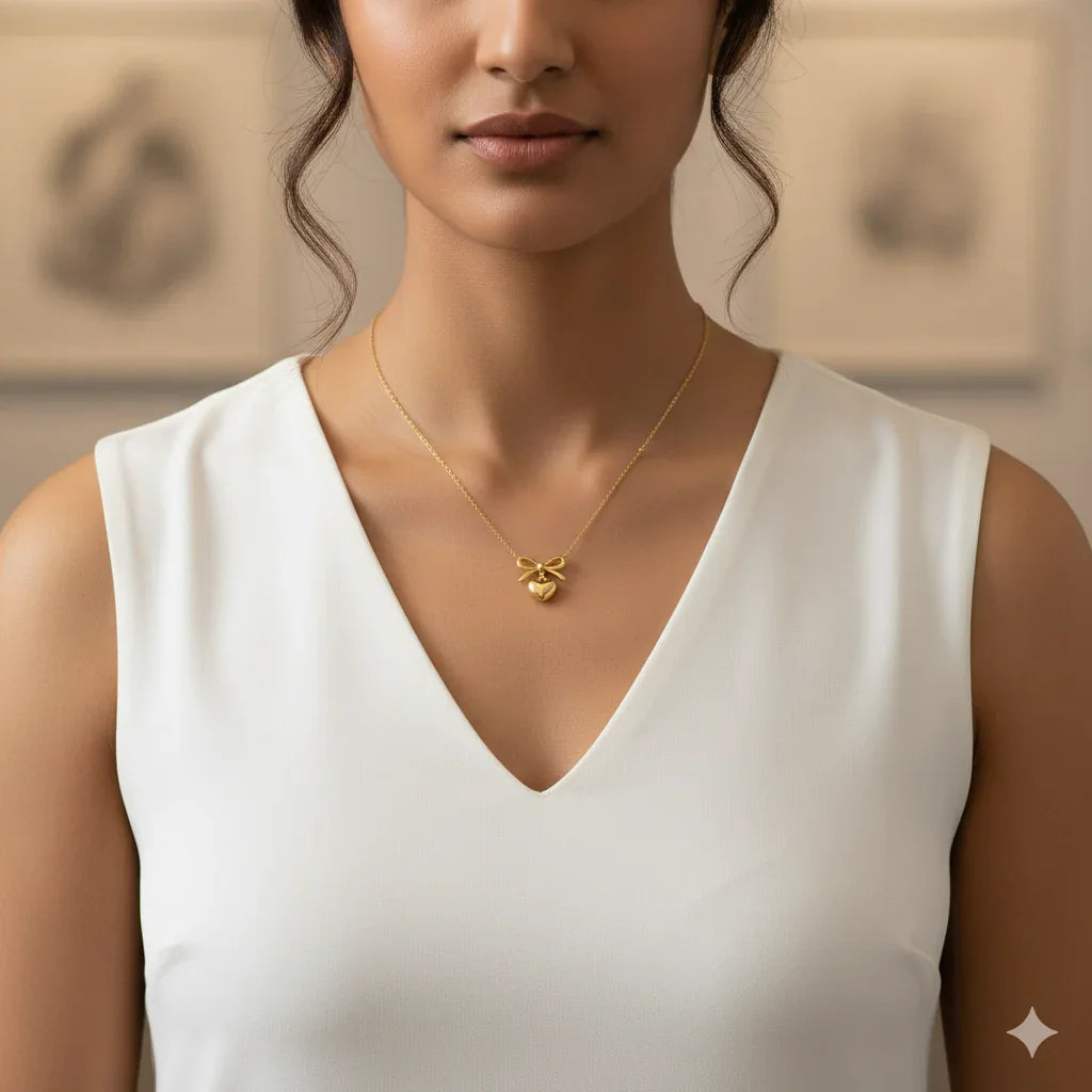18K Gold Plated Bow & Heart Pendant Necklace - RACHIVA