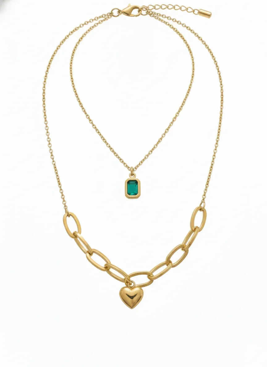 18K Gold Plated Layered Heart & Green Stone Necklace - RACHIVA