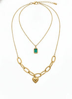18K Gold Plated Layered Heart & Green Stone Necklace - RACHIVA