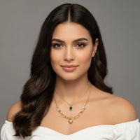 18K Gold Plated Layered Heart & Green Stone Necklace - RACHIVA