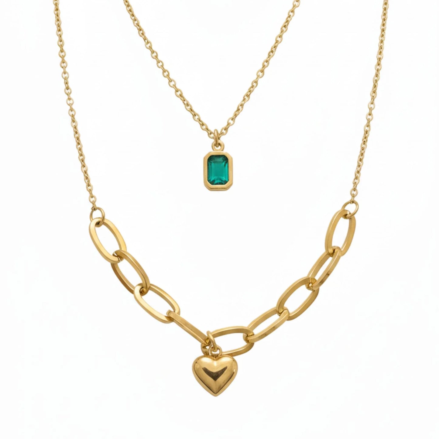 18K Gold Plated Layered Heart & Green Stone Necklace - RACHIVA