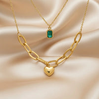 18K Gold Plated Layered Heart & Green Stone Necklace - RACHIVA