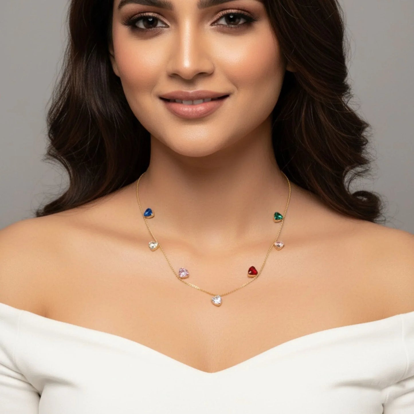 18K Gold Plated Multicolour Heart Station Necklace - RACHIVA